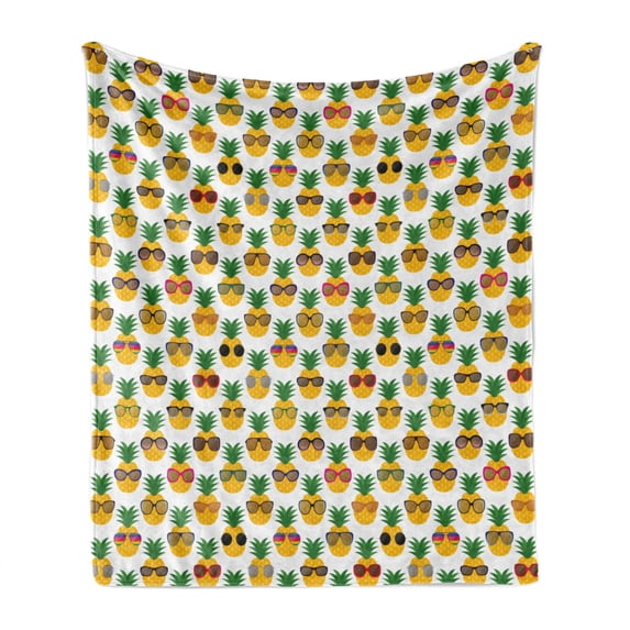 Tropical Soft Flannel Fleece Throw Blanket, Pineapples Wearing Sunglasses Funny Arrangement with Exotic Fruits Illustration, Cozy Plush for Indoor and Outdoor Use, 50" x 70", Multicolor, by Ambesonne