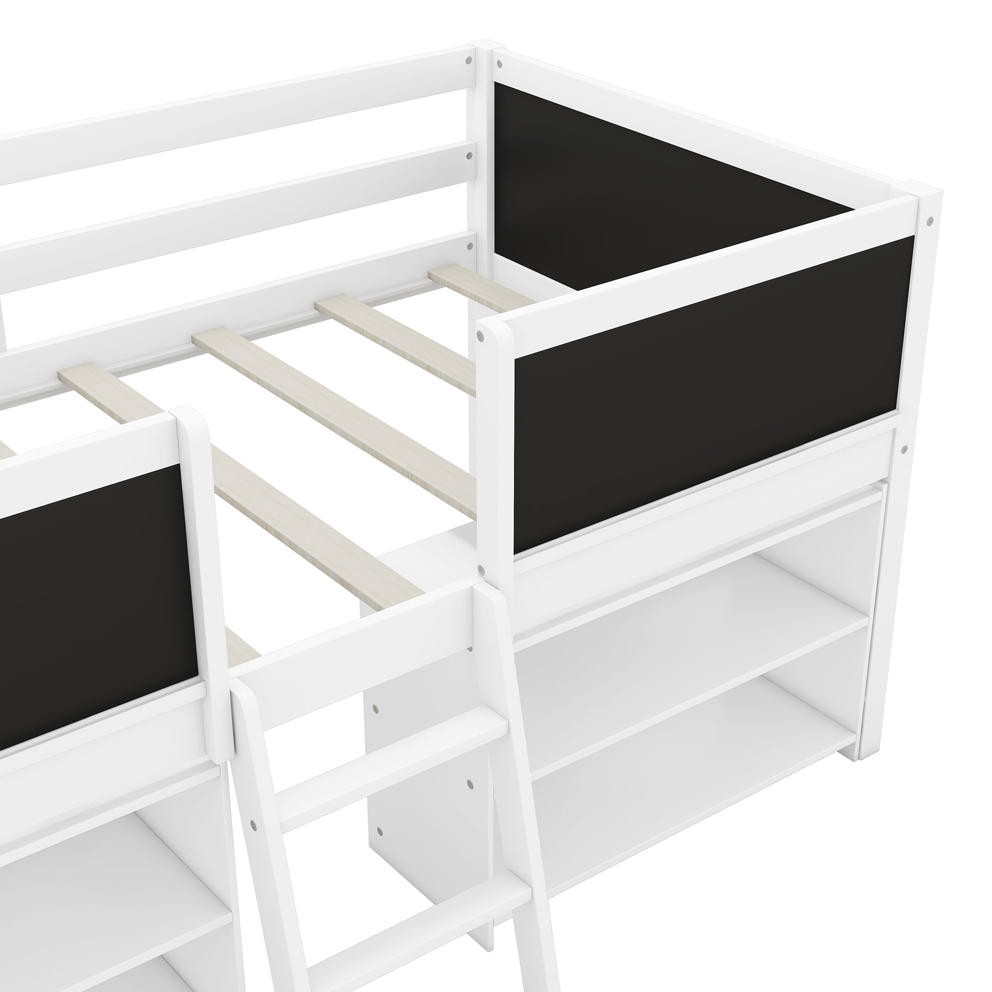 Euroco Wood Twin Loft Bed with Chalkboards for Bedroom, Low Profile Bed with Blackboard and Shelves for Kids Teens, White