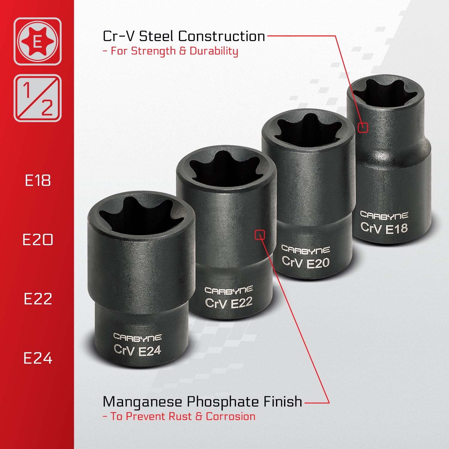 Carbyne 13-Piece External Torx (E-Torx) Socket Set, E4 to E24, CrV Steel, Manganese Phosphate Finish, 1/4 3/8 1/2 in. Drive, Laser Etched