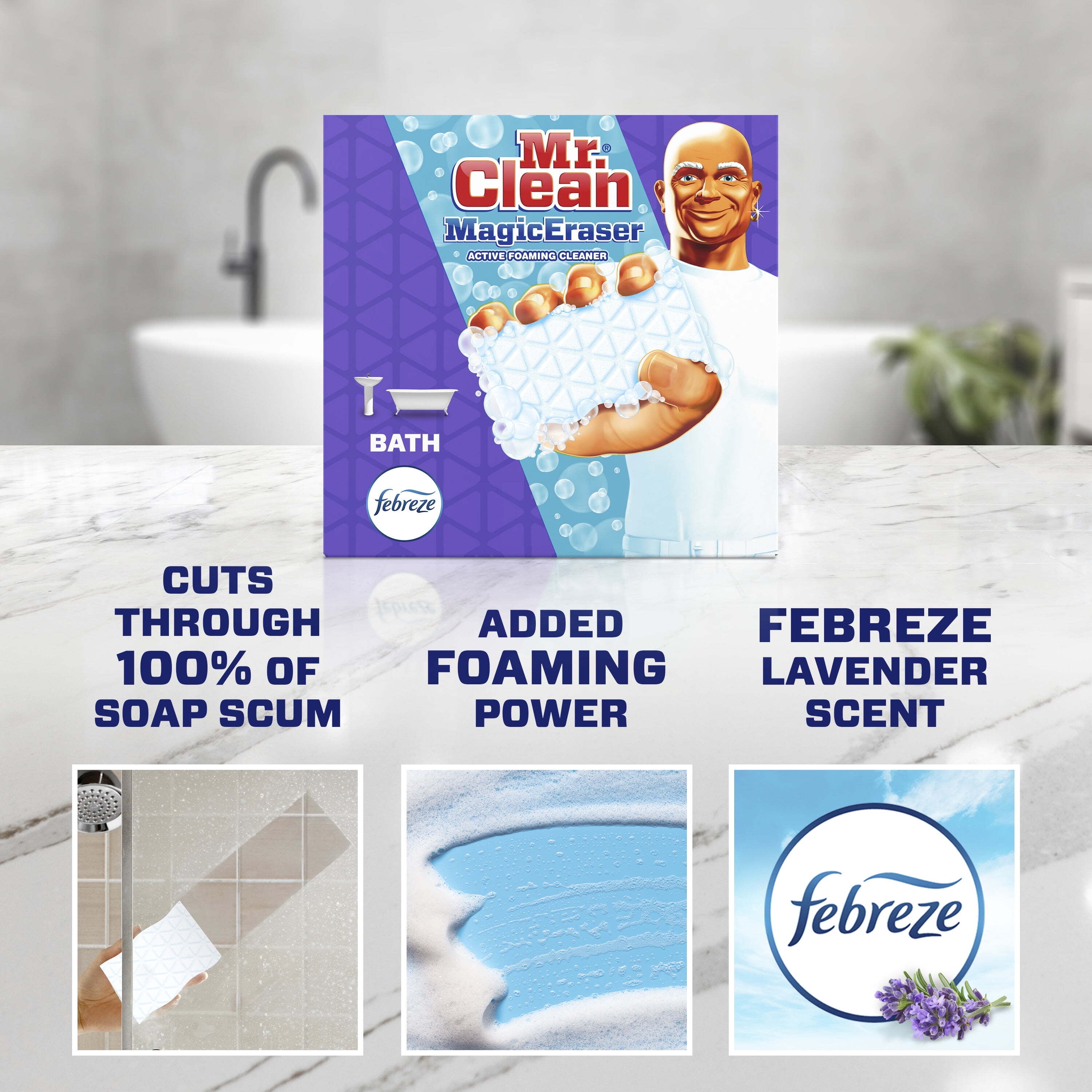 Mr. Clean Magic Eraser Bath with Febreze Lavender Scent, Cleaning Pads with Durafoam, 10 Ct