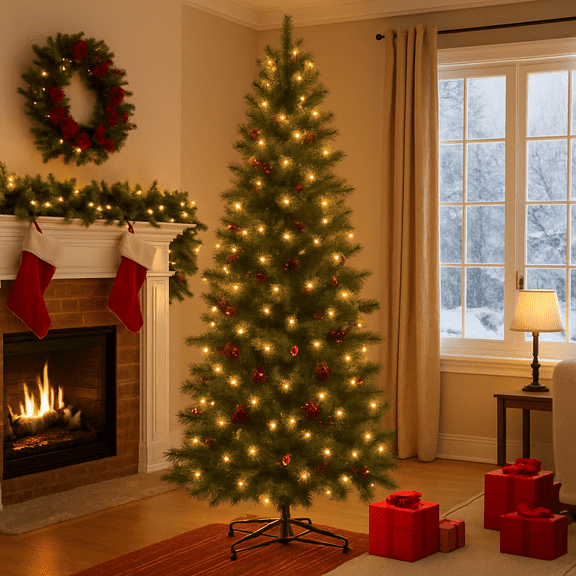 7.5ft Artificial Pre-lit Christmas Tree with Warm White LED Lights and Pine Cones, Home Holiday Decorate, Hinged, 1125 Branches for Indoor Decoration, Easy Setup
