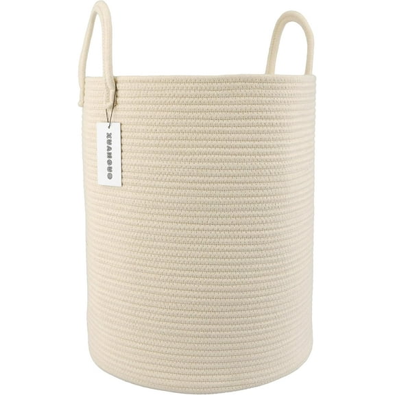 WarmHavenv Cotton Rope Laundry Basket Hamper for Clothes Woven Storage Basket for Living Room Bedroom Boho Tall Rope Baskets for Blanket Toys Pillow Towels Baby Nursery Hamper Bin beige