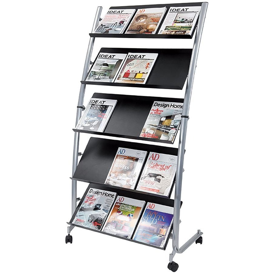 Large Mobile Literature Rack with 5 Levels, Metallic Gray and Black