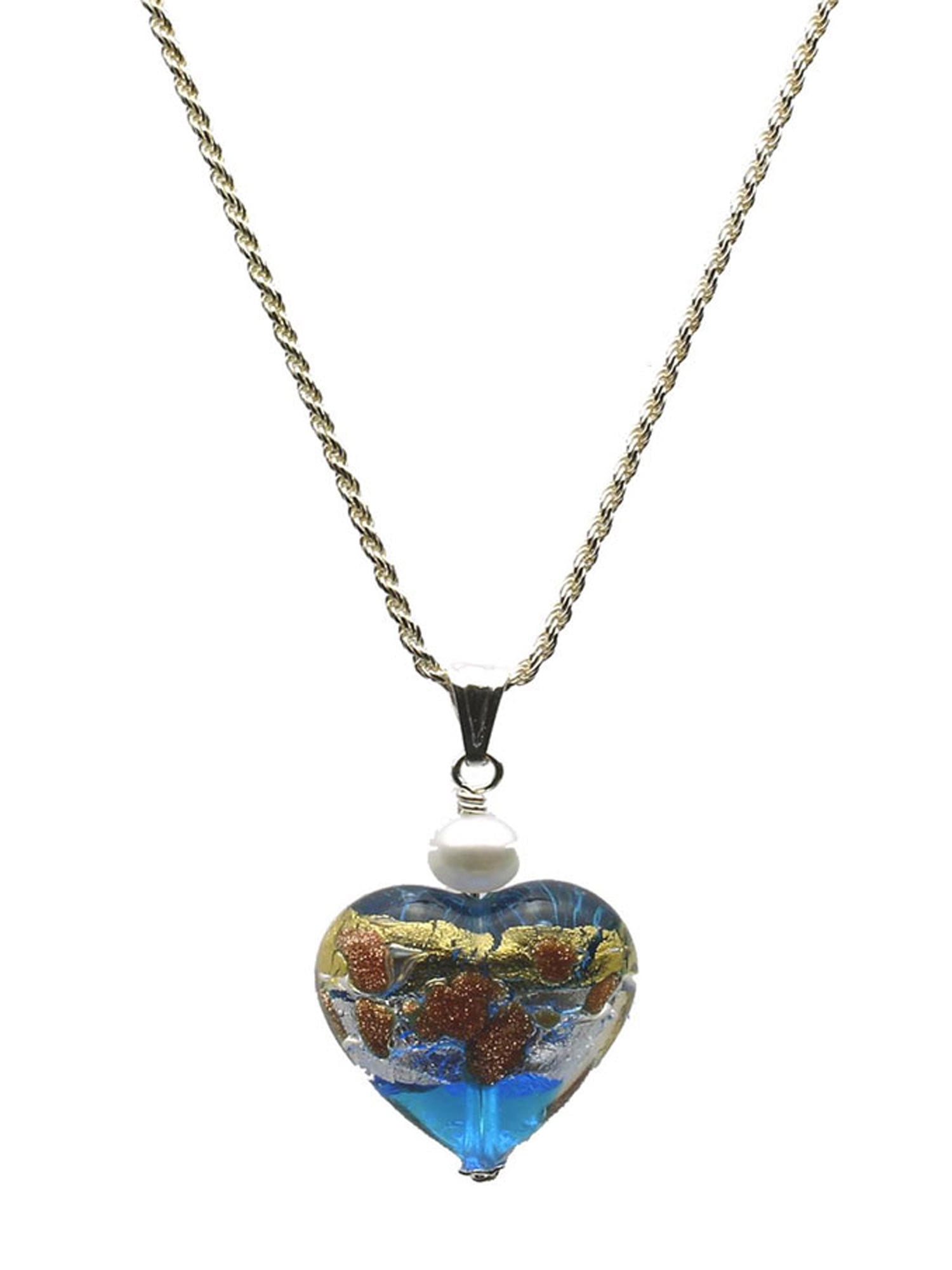 Aqua Murano-style Glass Heart Pendant Sterling Silver Diamond-Cut Rope ...
