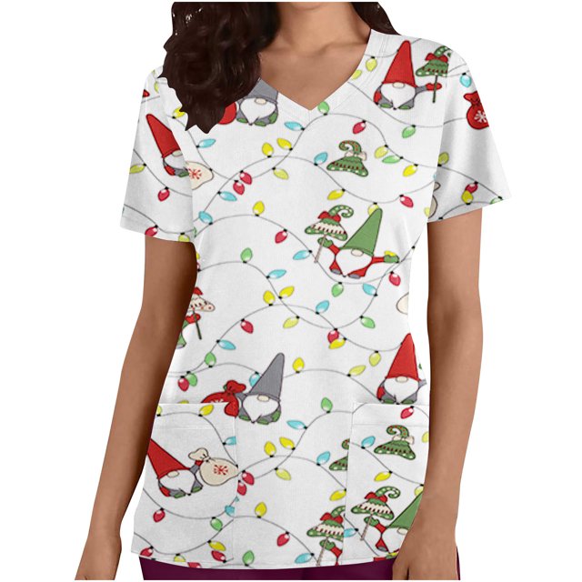 Camisas Navideñas Para Mujer Moda de Manga Corta Con Cuello en V Tops Uniforme de Trabajo Blusa Con Bolsillo de Impresión Tops Odeerbi ODB202318
