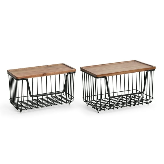 SunnyPoint 2-Pack Stackable Wire Storage Baskets with Acacia Wood Top – Kitchen, Pantry & Laundry Room Organizers (Acacia Wood Top with Black wires)