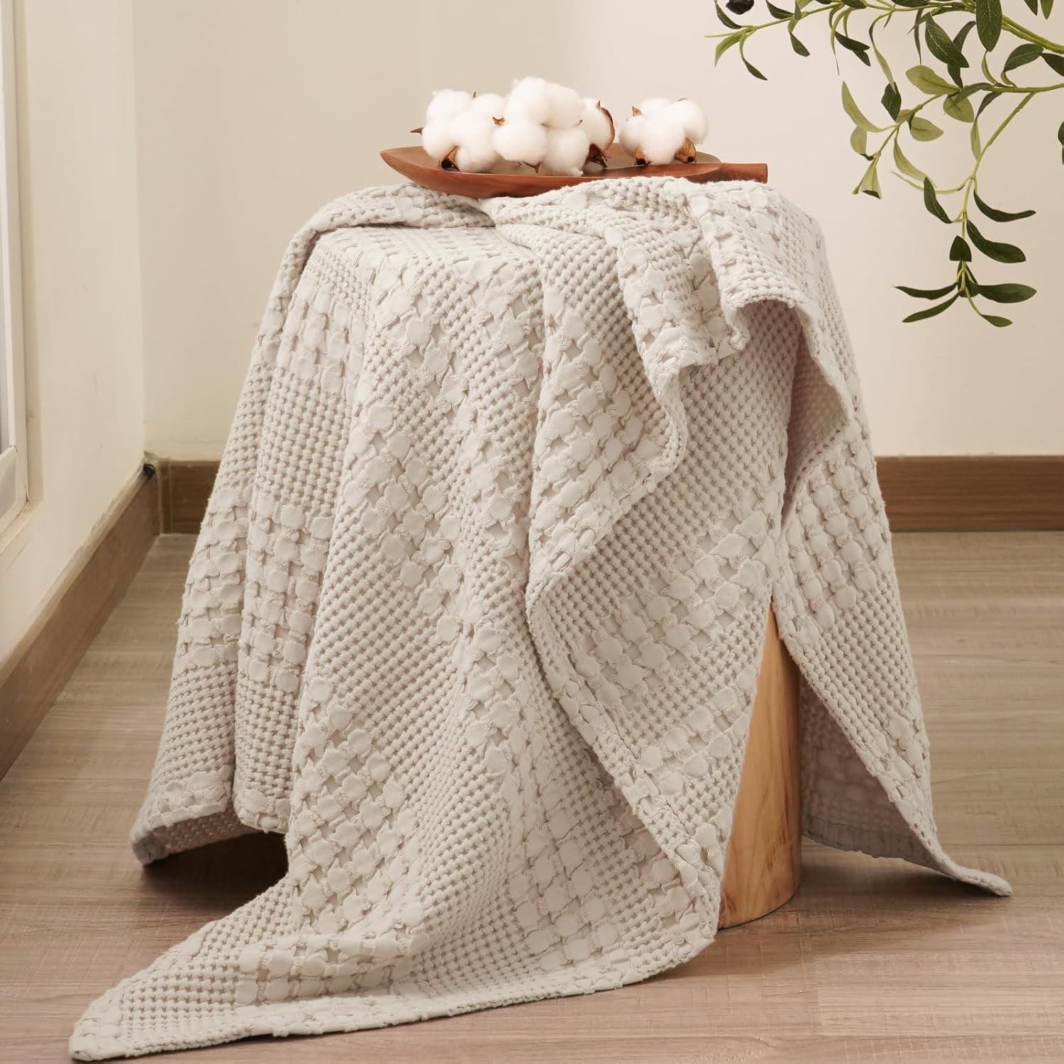 PHF 100% Cotton Waffle Weave Blanket, Lightweight Twin Washed Blanket for Bed Sofa Home Decor, Oatmeal, 66"x90"