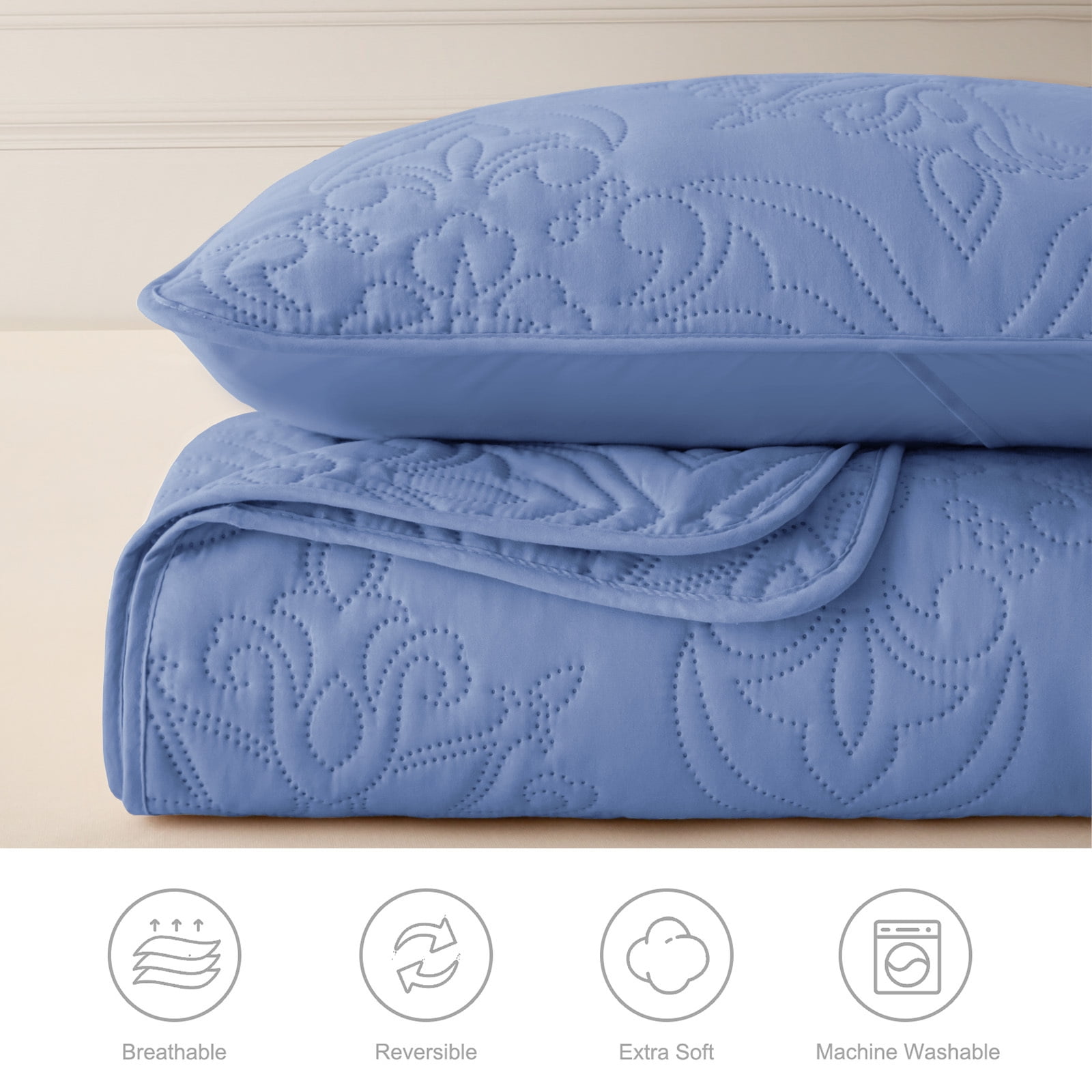 Whale Flotilla Soft King Quilt Bedding Set for All Seasons, Elegant Vintage Damask Ultrasonic Quilts Set, Lightweight Reversible Bedspread, Coverlet, Bed Cover with 2 Pillow Shams, Bluish Grey