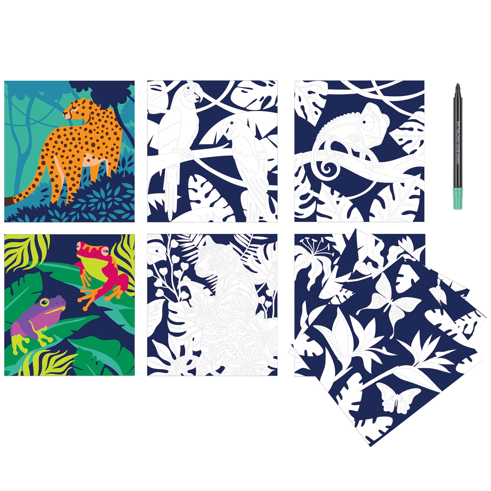Brea Reese: Marker Color-by-Number Kit - Jungle Animals - 5 Dual-Tip Markers, 12 Nature Designs, Guided Art, 8.5 x 9.75" Pages, Adult Spiral Art Pad