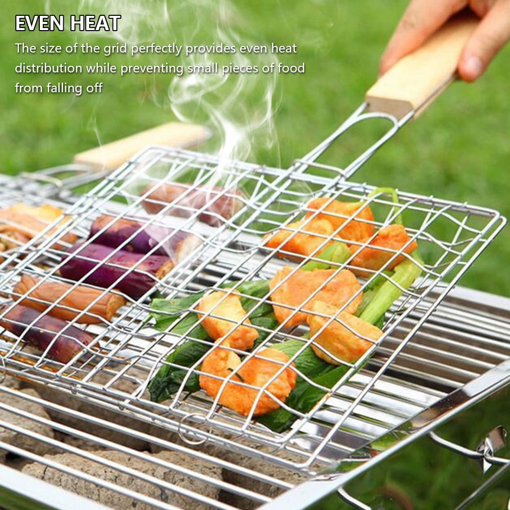 Comes with Basting Brush and E-Book Steak N More Removable Wooden Handle TARANZY Stainless Steel Grilling Basket Vegetables Chicken Perfect for Fish Portable and Durable Grill Basket Meat 