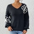 thumbnail image 2 of TFEOQRY Women's V Neck Sweater Floral Embroidery Lantern Sleeve Loose Knit Casual Pullover Fall Winter Top Black, 2 of 9