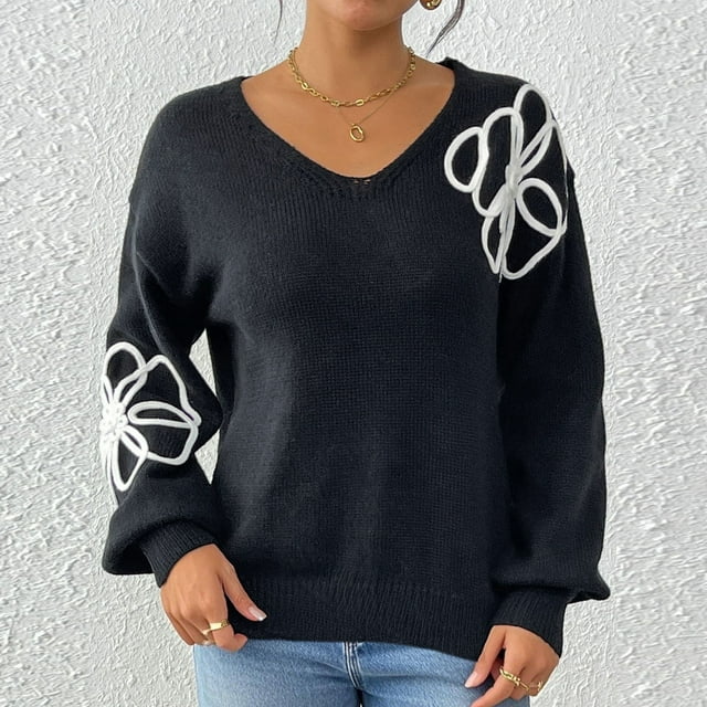 Suéter de cuello en V para mujer, informal, con cinta de flores bordada, suéter de cuello en V bordado irregular, tops de acrílico para mujer