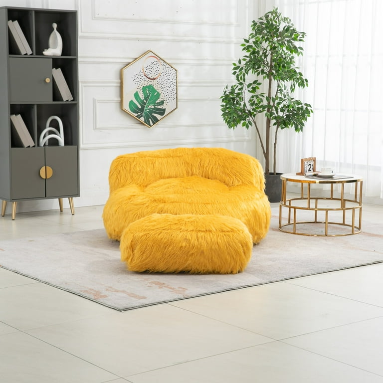 Plush Large Bean Bag Chair with Ottman Modern Fluffy Chair Lazy Sofa Chair with Footrest Faux Fur Floor Chair with High Density Foam Filled Lounge
