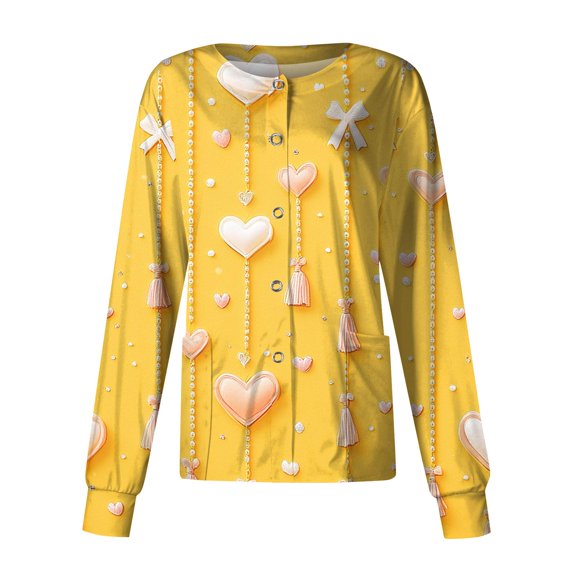 Long Sleeve Scrub Tops Women Valentines Button Down Scrubs Jacket Heart Print Nurse Jackets for Women with Pockets Yellow XL