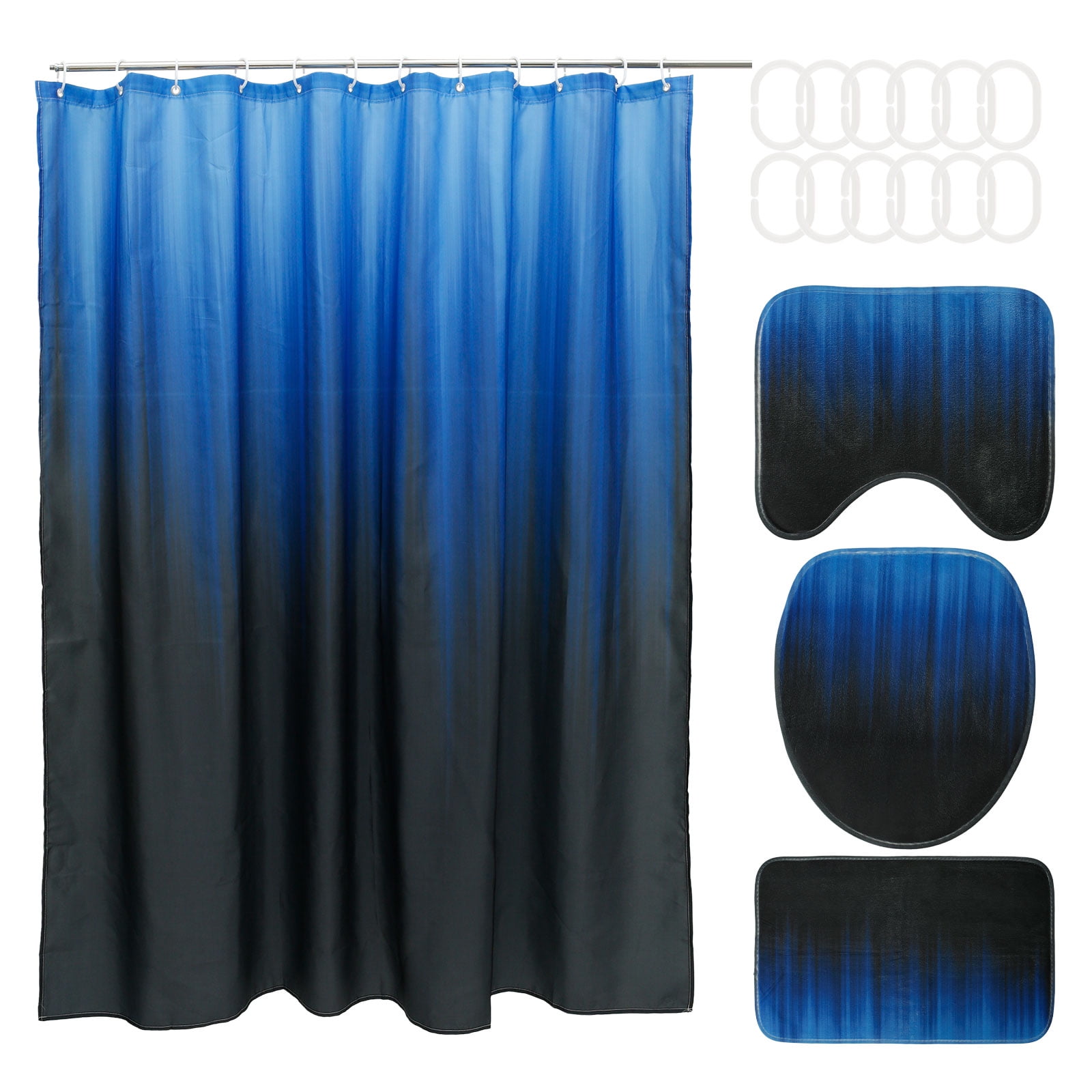 Dznils Black and Blue Ombre Shower Curtain Set with Rug, 16pc Modern Bathroom Decor Set, 72" x 72"