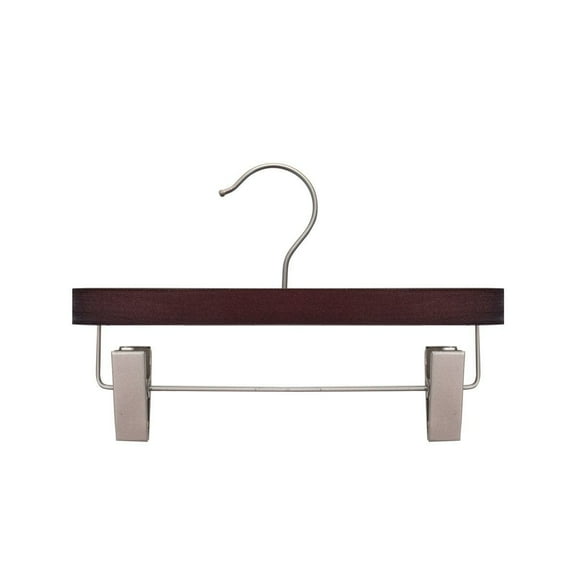 NAHANCO 12” Kids' Wooden Pant Skirt Hanger, Brushed Chrome Hook and Clips, Low Gloss Mahogany (Pack of 100)