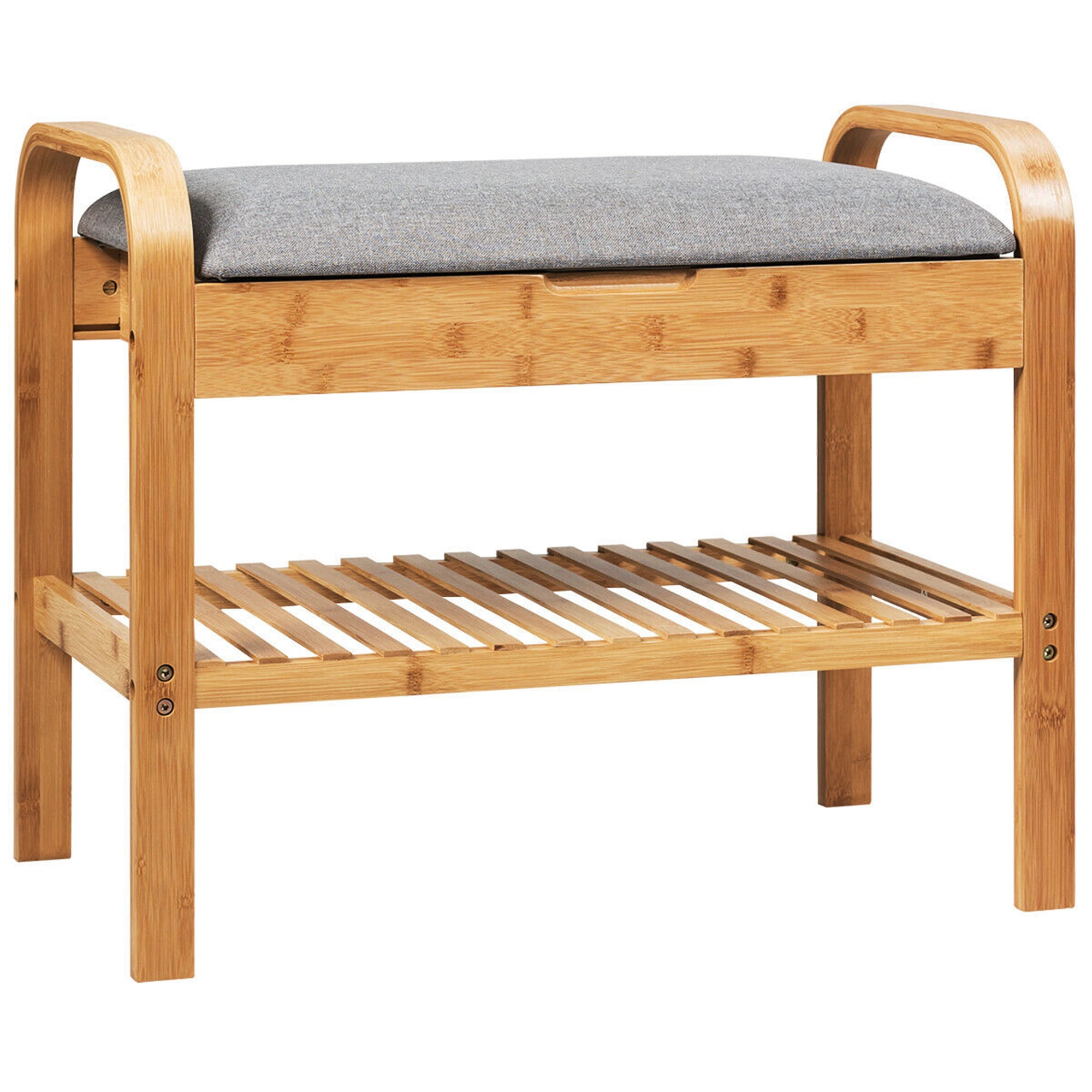 Gymax 1-Tier Cushioned Seat and Shoe Storage Bench, Bamboo, Linen and Wood, Brown and Gray