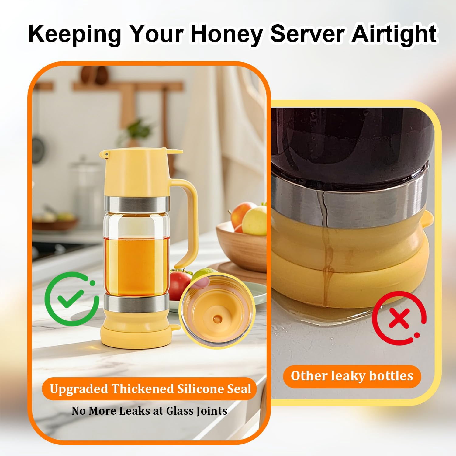 Glass Honey Dispenser with Handle, Syrup Dispenser Jar for Honey Maple Syrup and Coffee, Easy Pour Kitchen Container for Pancakes and Waffles.(9 oz)