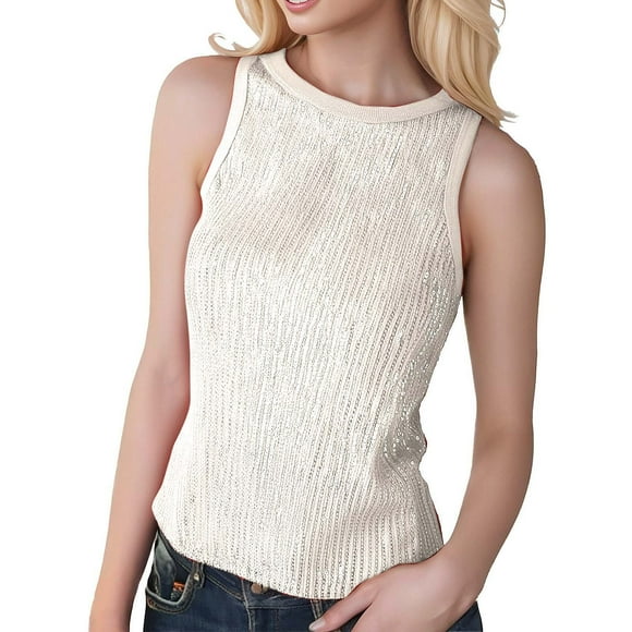 Lixiuxyad Summer Tank Tops Women's Sparkly Sequin Sleeveless Tank Top Camisole Round Neck Rave Tank Vest Party Shirt Clubwear