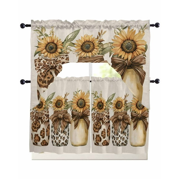 Leopard Sunflower Glass Bottle Kitchen Curtains Sets 36 Inch Length with Valance, Brown Bow Rustic Swag Valances and Tiers Curtain Set Drapes Swag Curtains for Living Room, Bathroom, Bedroom, Cafe