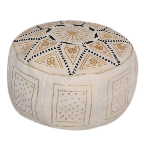 Pouf Moroccan Hassock Leather Round Ottoman Foot-stool Pouffe Medium Beige
