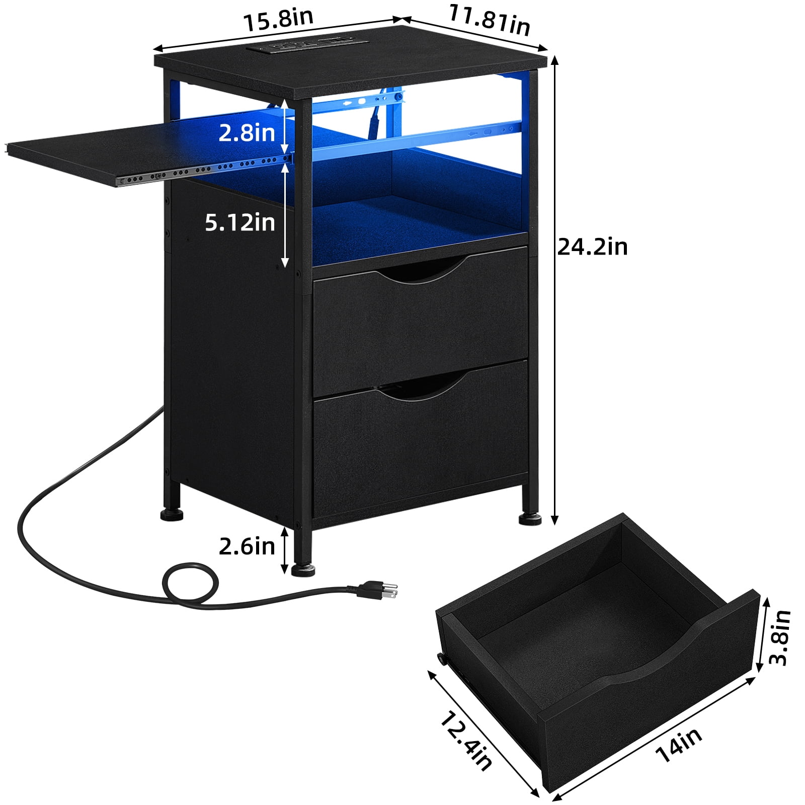 LELELINKY End Table with 2 Drawers Bedside Table with Charging Station & 7 Color LED Light, End Table with Storage Shelf for Living Room, Black