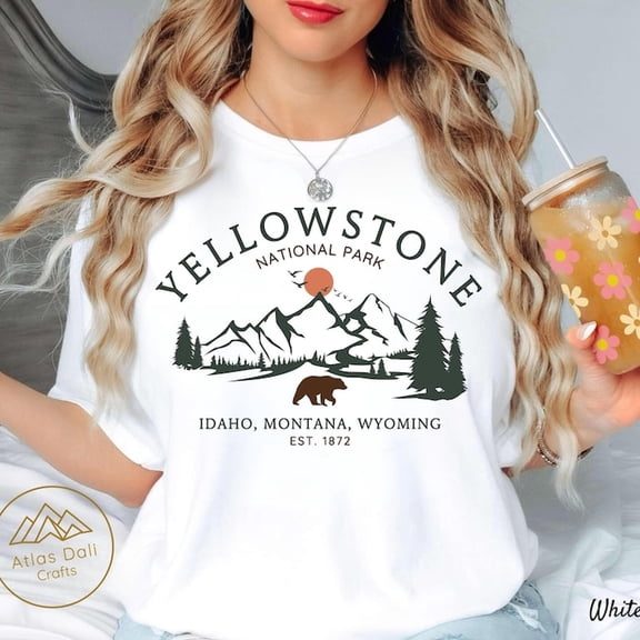 Retro Yellowstone National Park T-Shirt Vintage Grizzly Bear Mountain Scene Idaho Montana Wyoming Nature Graphic Tee White Short Sleeve Unisex Outdoorsy Souvenir Top
