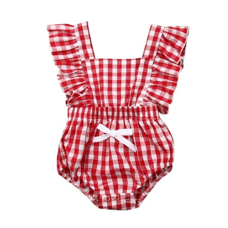 

Summer Newborn Kids Baby Girl Romper Plaid Bodysuits Cotton Flutter Sleeve One-Piece Romper Outfits Clothes 0-24 M
