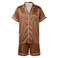 thumbnail image 5 of Cozy Couple Pajamas Set Short Sleeve Collar Button Down Tops with Side Slit Short Pants Sleepwear for Women Coffee,L, 5 of 7