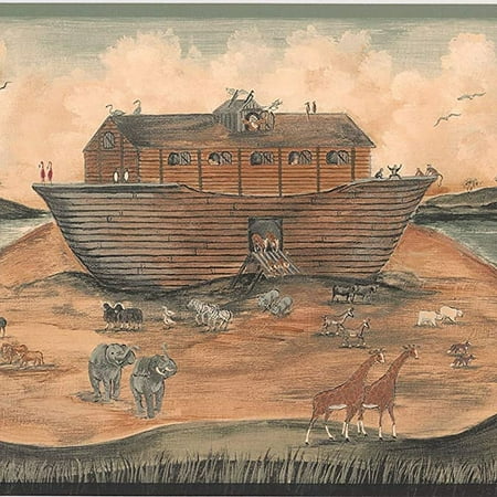 Concord Wallcoverings Wallpaper Border Religious Pattern Noah?s Ark Animals for Living Prayer Room, Brown Grey White Red, 9.32 Inches by 15 Feet HF8818B