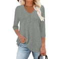 thumbnail image 5 of 3/4 Sleeve V Neck Tops for Women with Buttons Solid Color Tshirts Loose Fall Spring Casual Base Tees (M, Gray), 5 of 7
