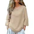 thumbnail image 2 of Endives Women's Cotton Linen Shirt 3/4 Sleeve Round Neck Solid Color Loose Top Womens Blouse Summer T Shirt Top Beige, 2 of 5