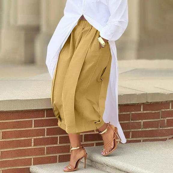 BinBiL Women Solid Color Casual Elastic Waist Pocket Pleated Fashionable Wide Leg Cropped Pants Yellow XL(XL)
