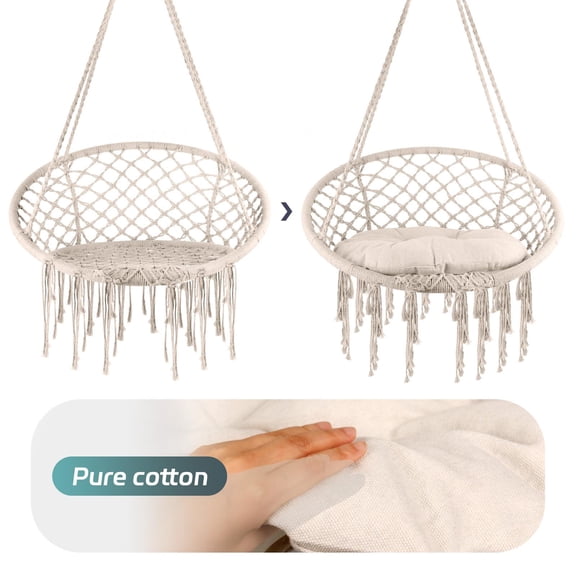 Muweixin 31.5 Inch Beige Macrame Hanging Chair with Cushion, 330 lbs Capacity Boho Swing Chair for Indoor Outdoor Patio Balcony Bedroom
