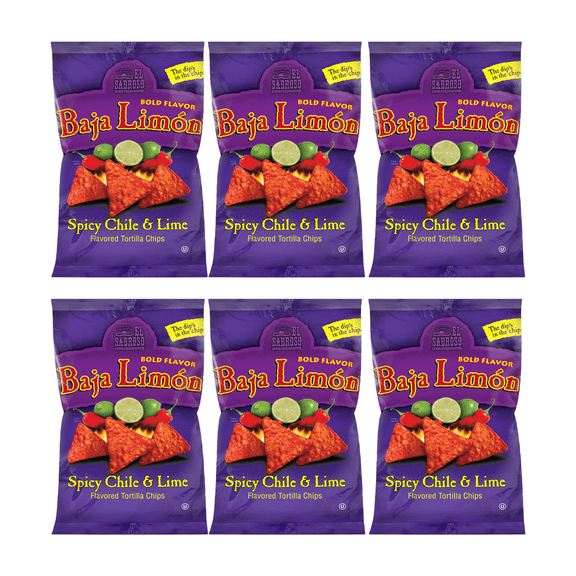 El Sabroso Baja Limn Spicy Chile & Lime Flavored Tortilla Chips, 3 oz Bags pack of 6