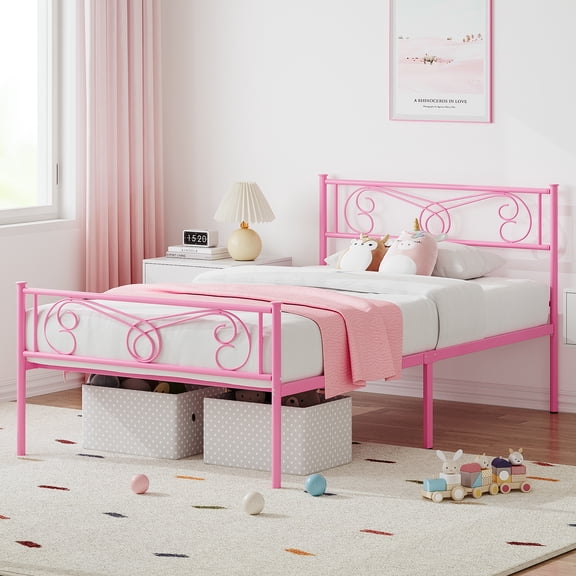 Pink Twin Bed Frame with Headboard and Footboard for Girls, Twin Size Bed Metal Platform with Steel Slat Support, Mattress Foundation with Storage, No Box Spring Needed, Easy Assembly