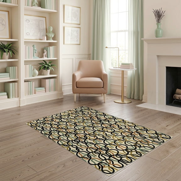ODIKA Geometric Mid Century Looping Knot Minimalist Cream Checkered for Playroom, Bedroom, Reading Nook, Pet Friendly & Kids Safe Play
