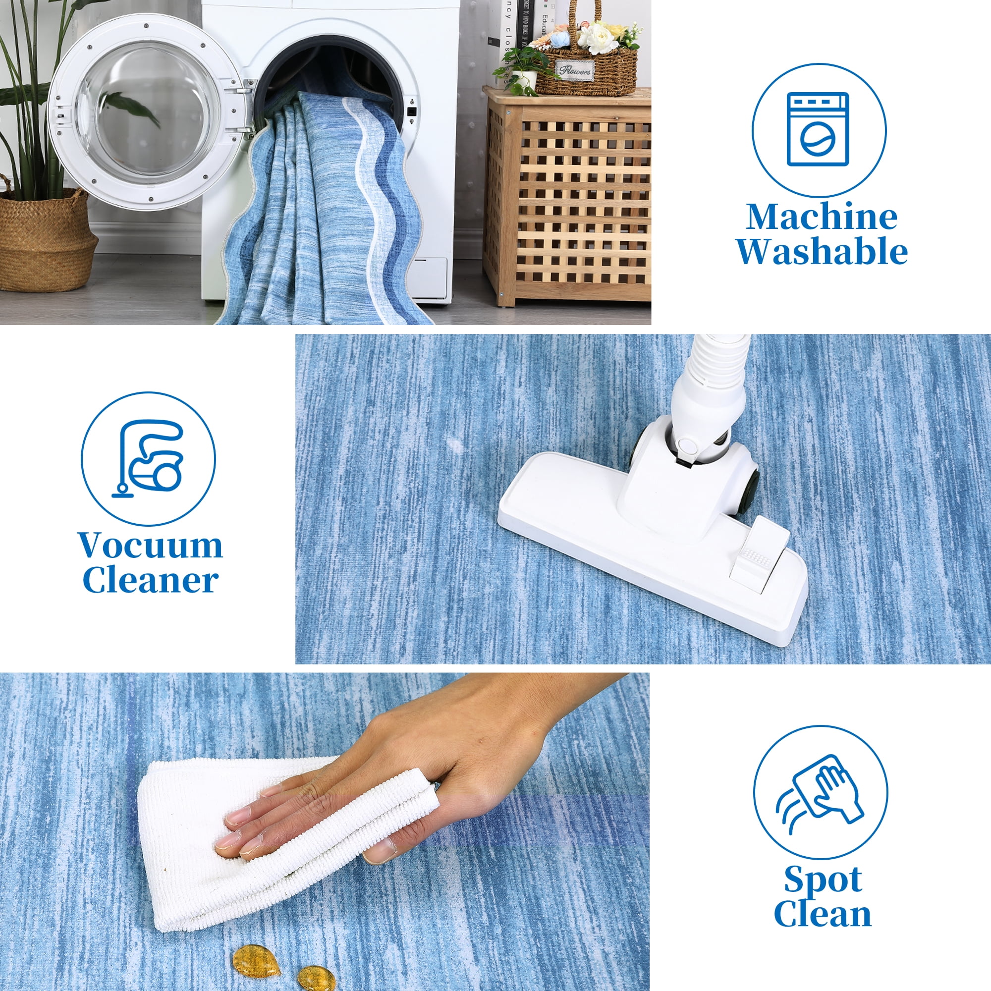 Washable Scalloped Area Rugs 5x7 Modern Throw Rug with Non-Slip Backing, Stain-Resistant Foldable Accent Carpet, Contemporary Low Pile Floor Cover for Living Room, Bedroom, Blue