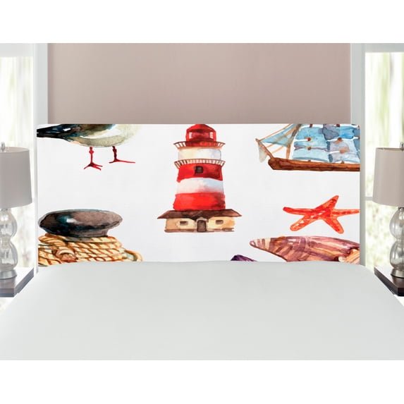 Nautical Headboard, Nautical Theme Elements Seagull Boat Lighthouse Shell Starfish Island Watercolor, Upholstered Decorative Metal Bed Headboard with Memory Foam, Full Size, Multicolor, by Ambesonne