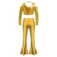 thumbnail image 2 of YEAHDOR Girls Shiny Metallic Jazz Dance Performance Costume Off Shoulder Crop Top with Bell Bottom Pants Dancewear Gold 10, 2 of 5