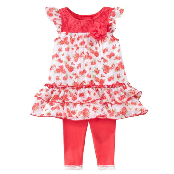 Infant Girls Orange Floral Baby Outfit Ruffled Chiffon Shirt & Leggings Set 3-6m