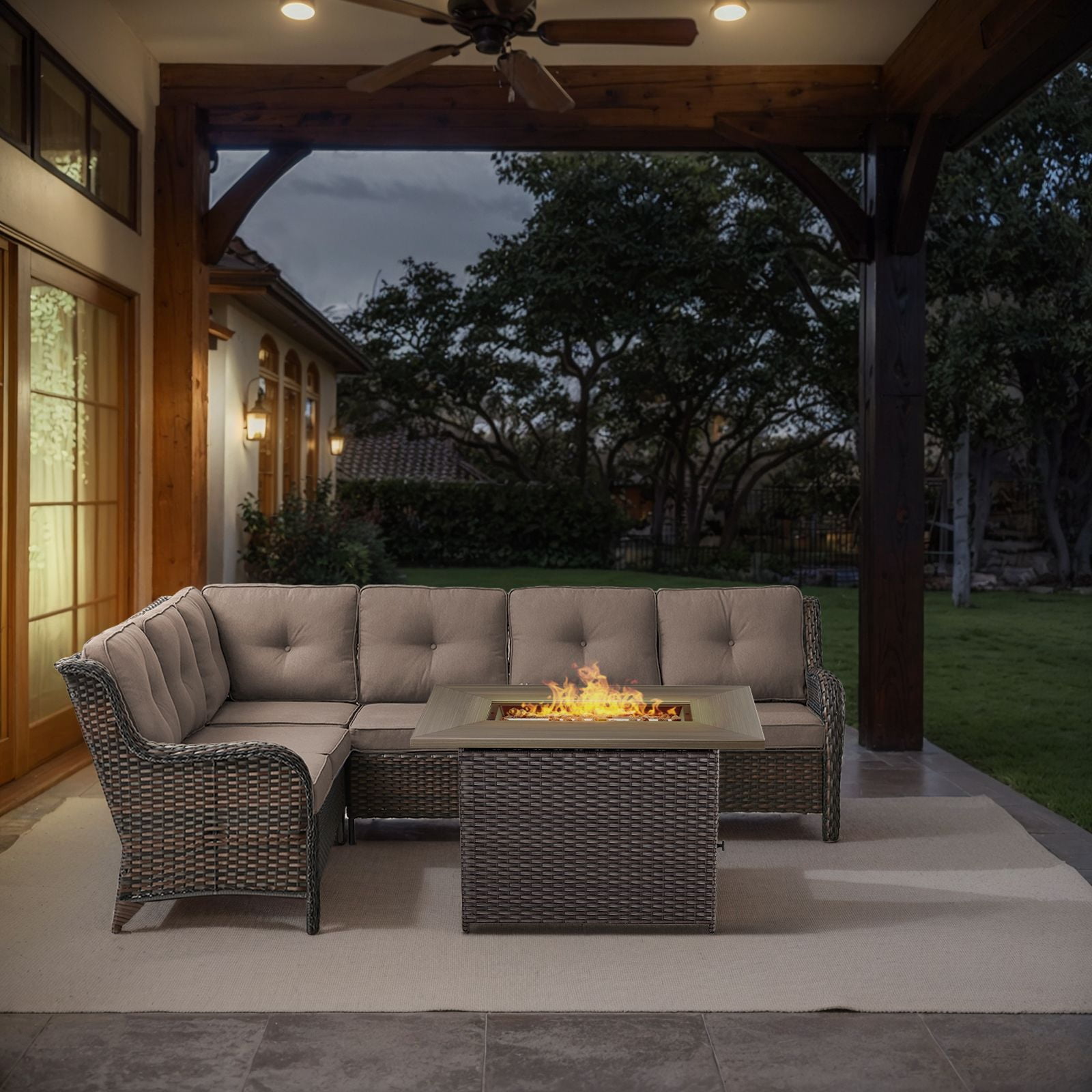OPOHORO 6 Person Patio Conversation Set with Fire Pit Table, Brown Wicker Rattan Furniture Set for Outside with Sectional Couch and Rectangular Propane Firepit Table - Gray