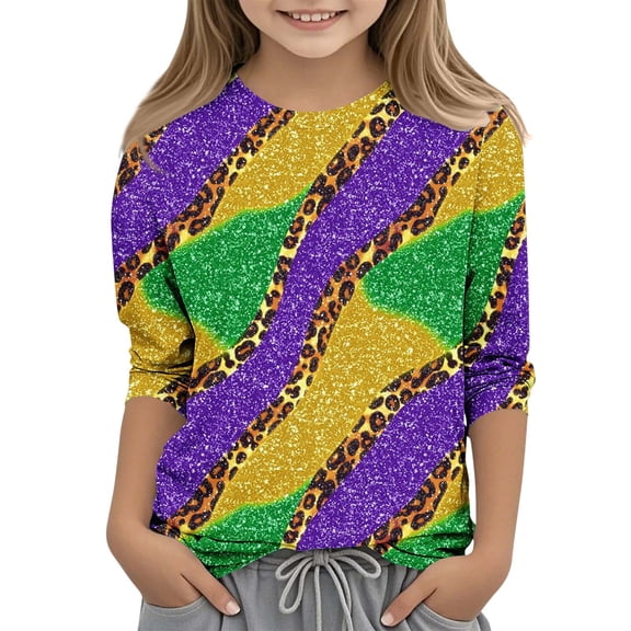 Riecok Mardi Gras Tee Shirts for Toddlers Shirts Carnival Purple Gold 3/4 Sleeve Crew Neck Comfortable Loose Fashion Mardi Gras Shirts for Kids 7-8 T Multicolor