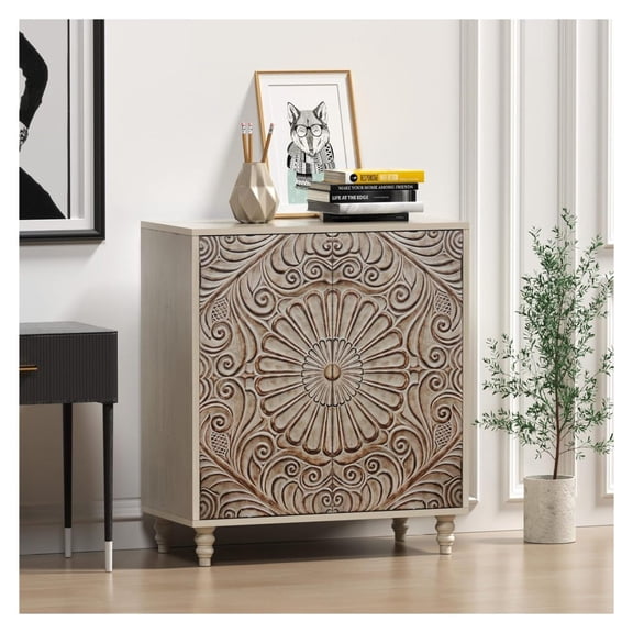 Sideboard Buffet Cabinet with Storage, 32'' Modern Credenza with 2 Doors & Adjustable Shelves, Farmhouse Media Accent Cabinet for Entryway Kitchen Dining Room Living Room Beige Carving