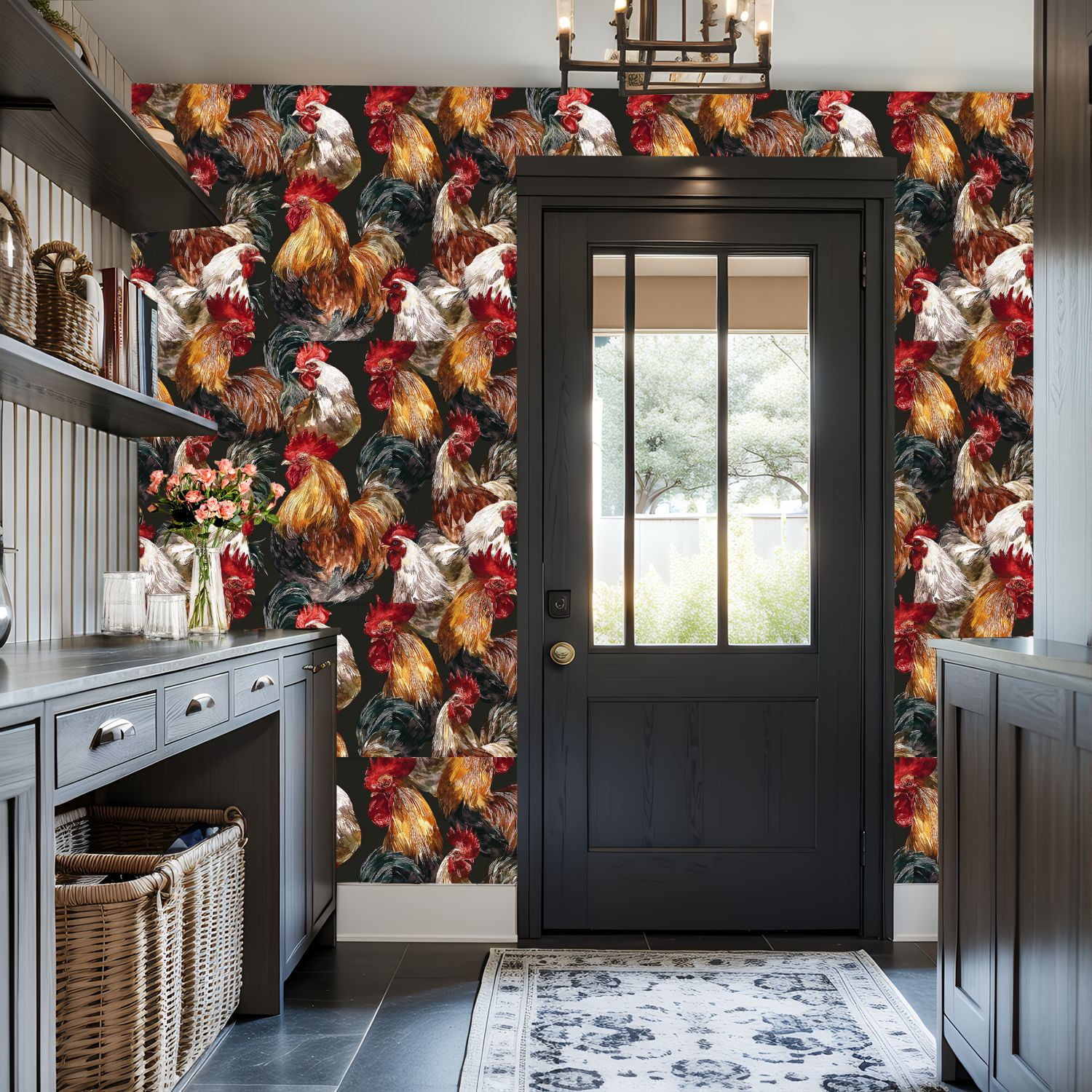Farmhouse Peel and Stick Wallpaper Colorful Rooster Rustic Farmhouse Style Dark Wall Mural 17.7in x 9.8ft Self Adhesive Removable Wall Paper Renter Friendly Wallpaper for Nursery Bedroom Cabinets