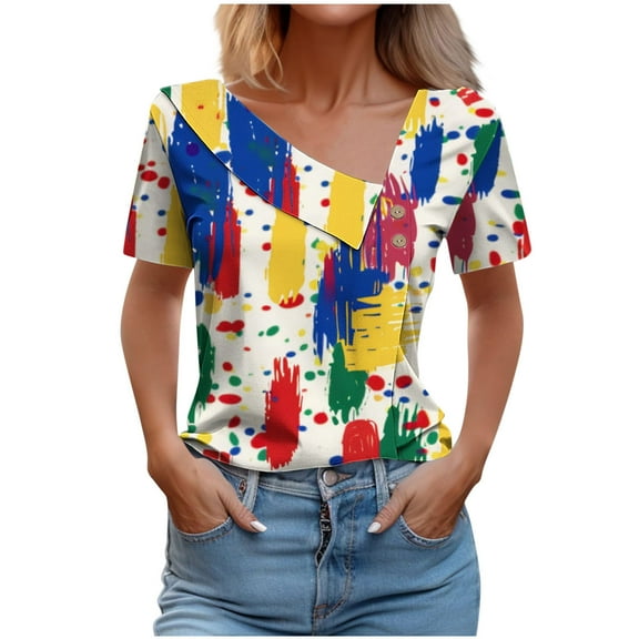 Women's Blouses Tops Summer Short Sleeved Dressy T-Shirts Button Decoration V Neck Shirts Fashion Checkered Printed Blouse Casual Loose Pullover Top