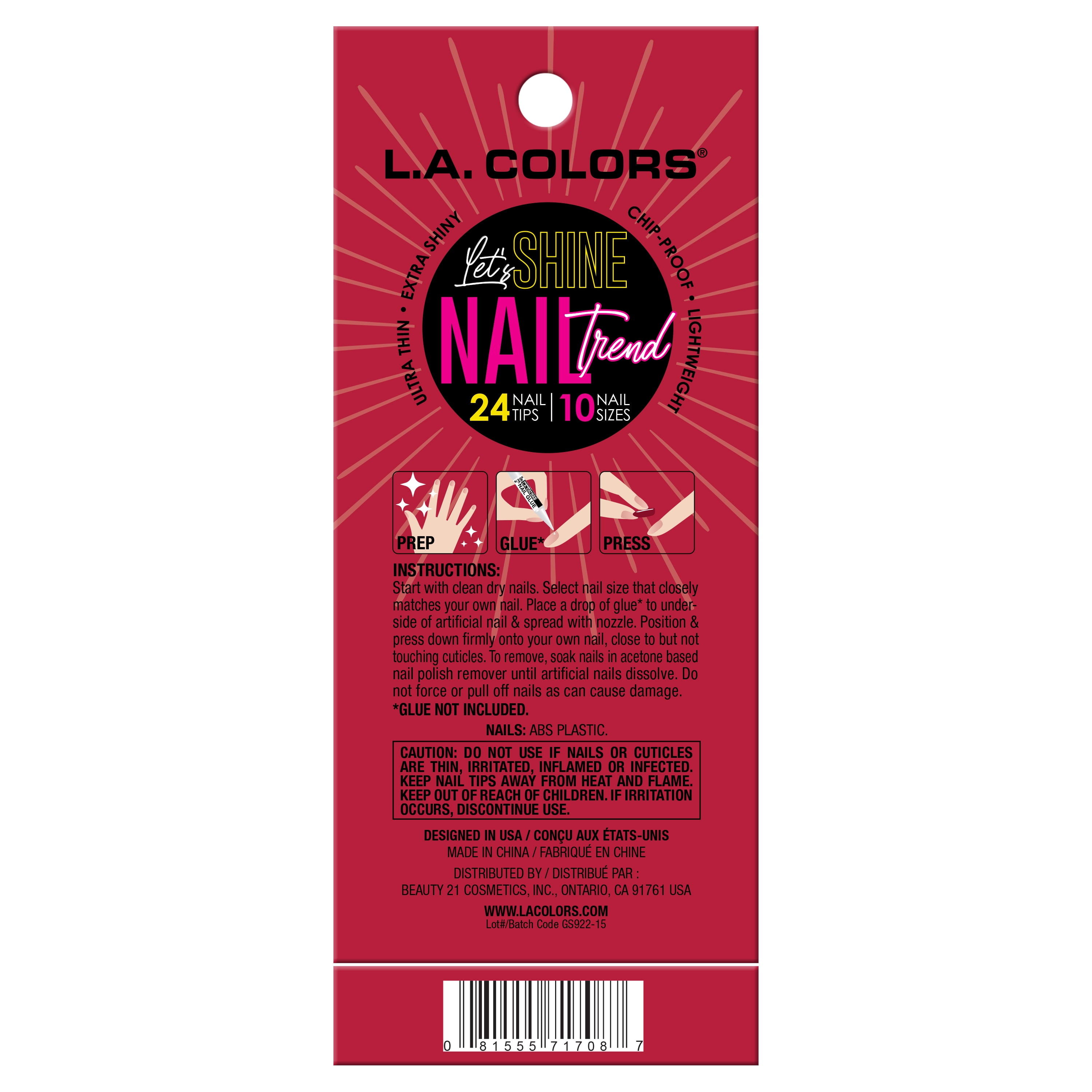 L.A. COLORS Shine Nail Trend Nail Tips, Coffin Shape, On Fire, 24 Pieces