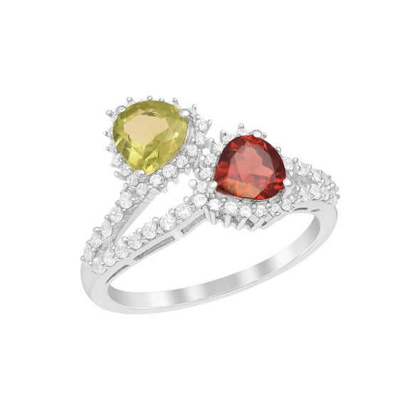 2.57 Ctw Heart Shape Peridot & Garnet Gemstone Bypass Rings 925 Sterling Silver Dual Stone Halo Women Wedding Ring, Valentine Gift For Her, 11