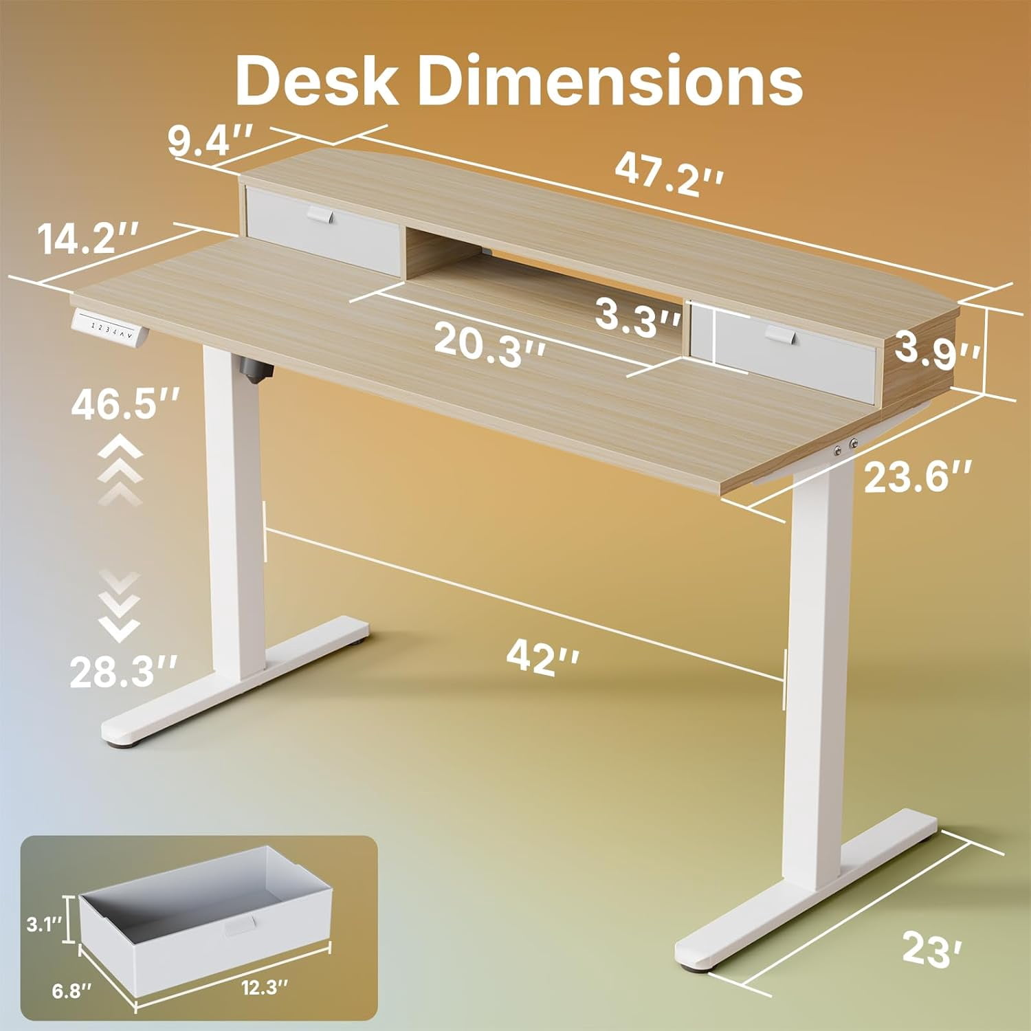 48 x 24 Inch Small Electric Standing Desk with 2 Drawers, Height Adjustable Sit Stand Desk with 4 Memory Settings, Light Walnut
