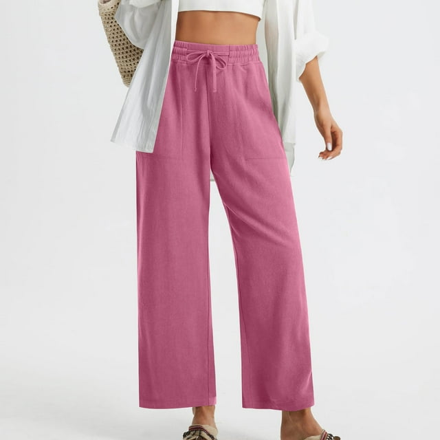 Soki Women's Cotton Linen Drawstring Pants Wide Leg Beach Trousers with Pockets, Slit Hem